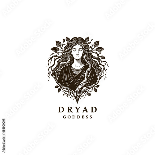 Engraved logo of a mystical woman with horns, surrounded by leaves and roots, symbol of forest goddess and nature spirit