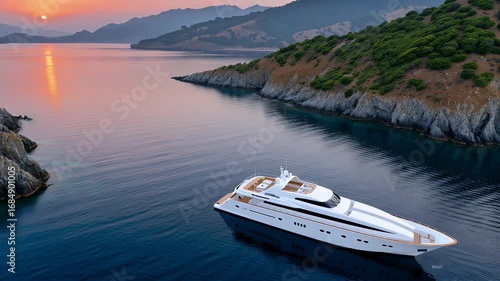 Luxury yacht sailing at sunset in a picturesque bay