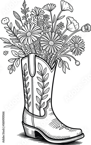 Cowboy Boot Wildflowers Coloring Page – Rustic Floral Western Boot Line Art Illustration for DIY Craft and Printable Decor
