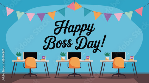 Boss’s Day office celebration illustration with desks, computers, coffee mugs, pennant banners, and bold typography on blue background