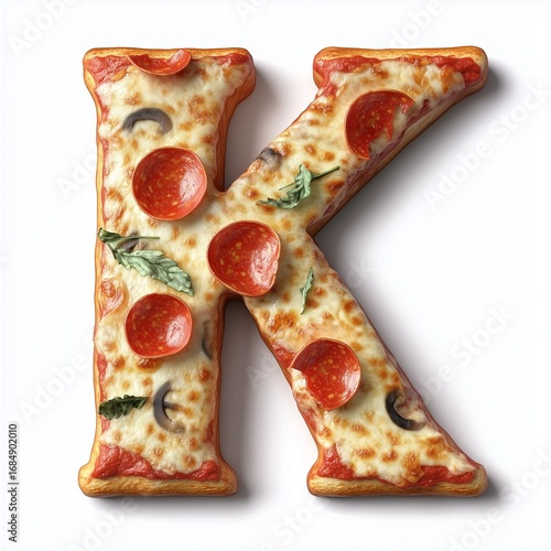Letter k shaped alphabet from pizza pattern with sausage slice, isolated white