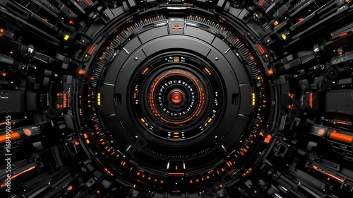 Abstract Dark Gray Tunnel with Geometric Texture and Glowing Orange Accents in Technological Style