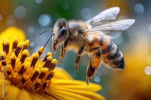 Honeybee Hovering Near Yellow Flower Close Up