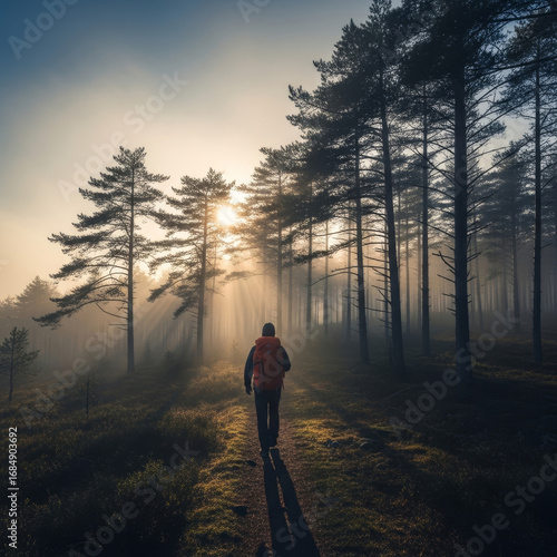 Homme marchant seul dans une forêt embrumée au lever du soleil, lumière dorée perçant les arbres