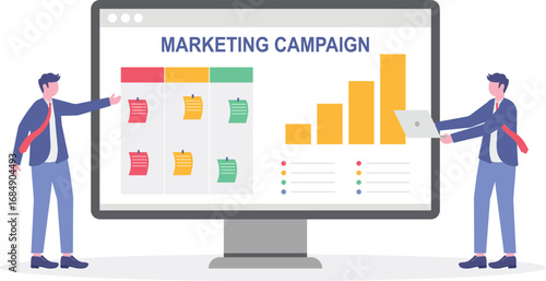 Vector illustration of team strategizing marketing campaign on whiteboard with sticky notes promotional tactics

