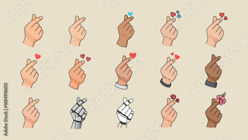 A collection of various hands, showcasing the popular Korean heart-finger gesture.