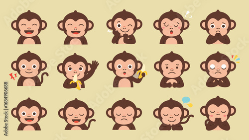 A collection of cute cartoon monkeys displaying various playful and expressive faces, perfect for children's books, educational materials, or social media