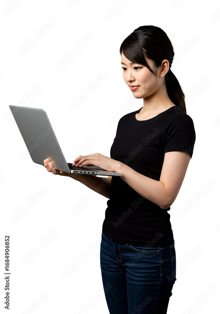 Naklejka premium Smiling Asian Woman with Laptop on Transparent Background