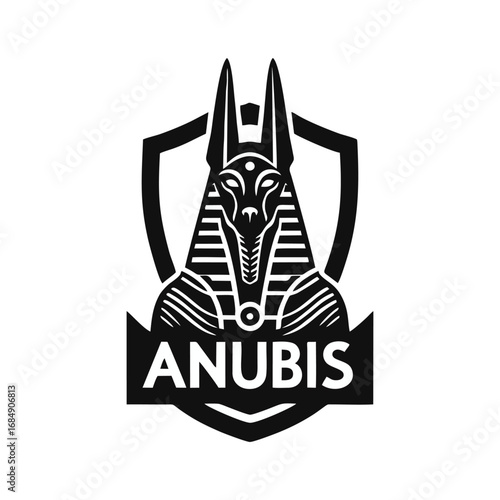 Anubis Egyptian God Jackal Head Logo within a Shield Emblem Design, Black and White Vector Illustration