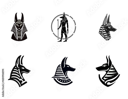 Set of Anubis Illustrations. Collection of black and white graphic designs featuring the ancient Egyptian god Anubis, including head portraits and a full-body figure.