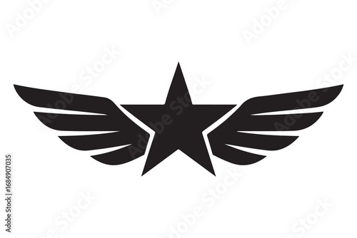 Black star emblem with wings and circle silhouette isolated on white background