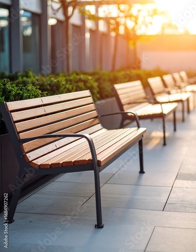 Outdoor benches lined up in a modern urban plaza at sunset