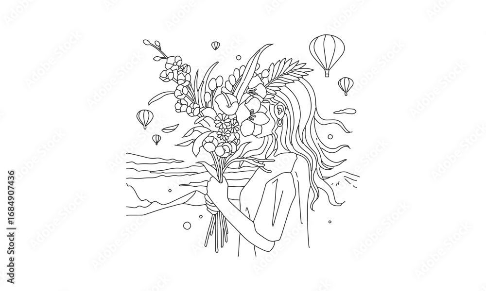 Obraz premium Woman Holding a Bouquet with Hot Air Balloons – Scenic Line Art of Nature and Serenity
