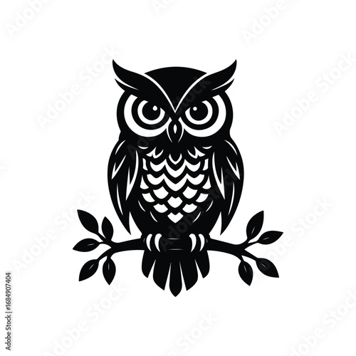 A wise cartoon owl with big eyes and brown feathers sits on a branch at night, a cute vector illustration of a wild character