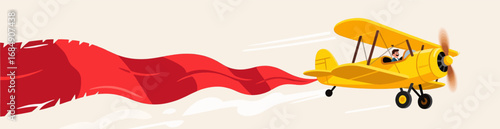 Adventure Plane Tows Red Banner Over Clouds