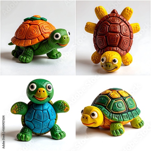 Four colorful handmade turtle figurines, each with unique patterned shells and happy faces
