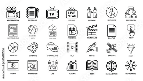Media and Communication Icons Set Video, News, TV, Interview, Conversation
