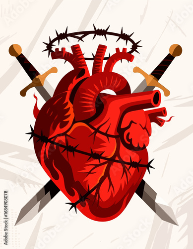 Broken Heart with Swords and Barbed Wire