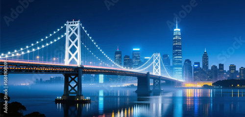 "San Francisco's Bay Bridge at Night with City Skyline Reflection"