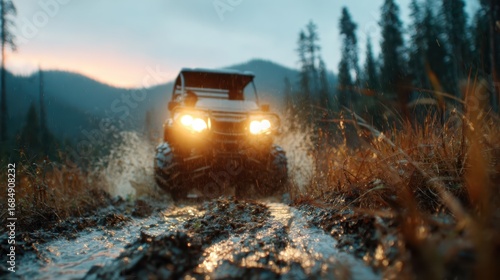 An all-terrain vehicle splashes through muddy waters in a forested landscape, showcasing the thrill of adventure amidst nature's rugged beauty while emphasizing motion and excitement.