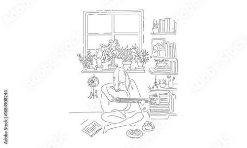 Minimalist Line Drawing of Guitar Session in Cozy Indoor Setting