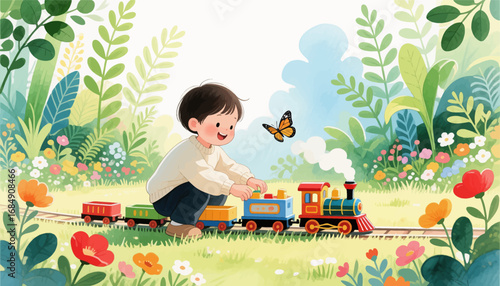Child Plays with Toy Train in Lush Garden