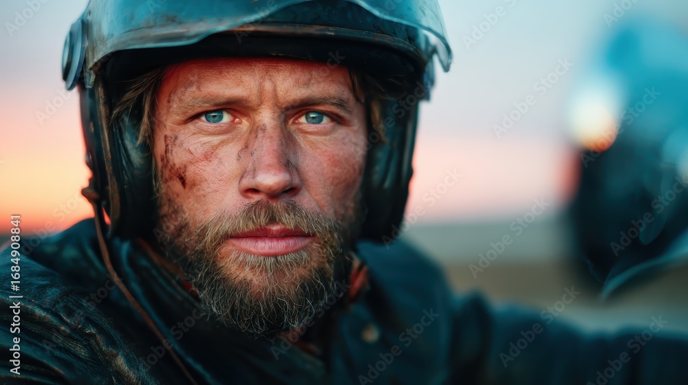 Fototapeta premium A rugged man in a helmet and leather jacket stares intensely towards the horizon, showcasing the spirit of adventure and resilience against the backdrop of a setting sun.