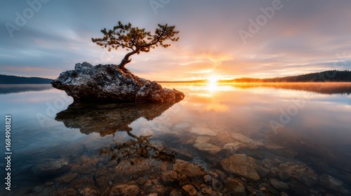 A solitary pine tree standing on a rock in calm water during a stunning sunset, reflecting nature's beauty and tranquility in a harmonious scene.
