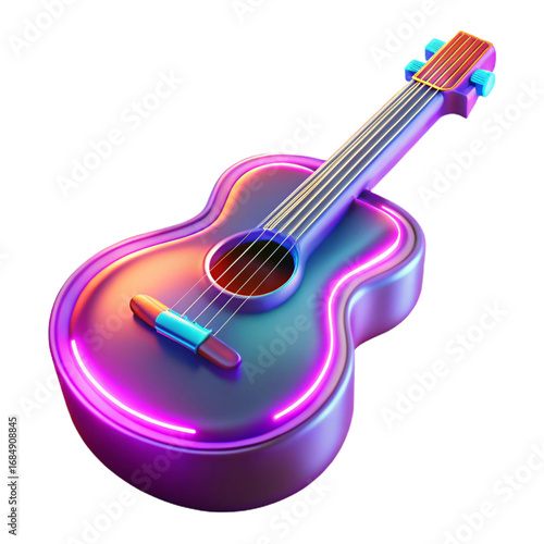 A vibrant neon guitar with purple and blue lights isolated on transparent background