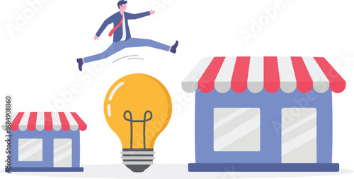 Confident businessman jump onto bigger franchise shop, illustrating expansion of storefront.

