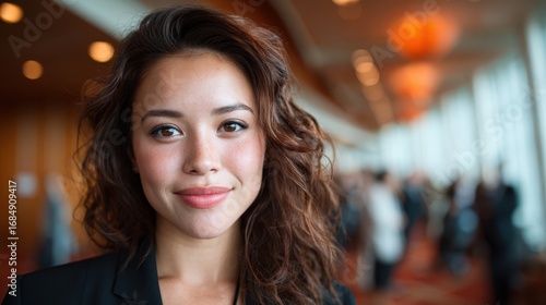 A cheerful young businesswoman poses confidently in a professional environment, highlighting the empowerment and strength of women in the modern workforce.
