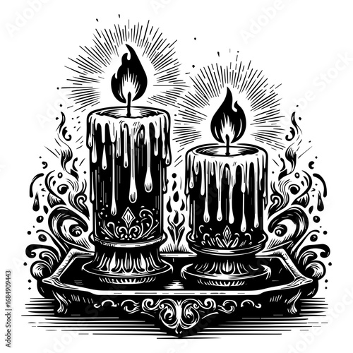 Elegant burning candles on ornate tray creating a warm, romantic, and peaceful ambiance