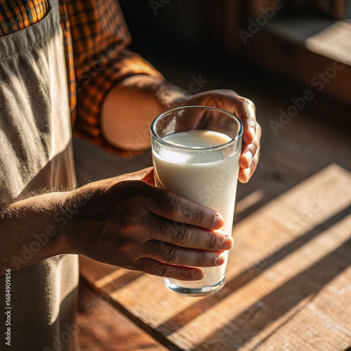 Person Holding a Glass of Fresh Milk in a Cozy Kitchen

