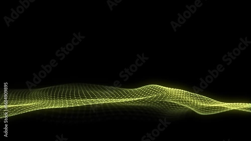 Abstract technology wave of particles and lines. Big data visualization. Dark background with motion dots and lines. Artificial intelligence. 3d rendering.
