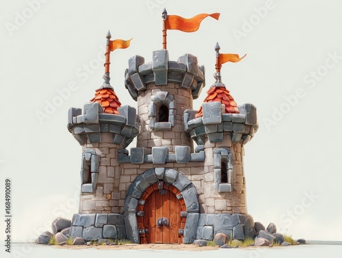 Cartoon stone castle with orange flags