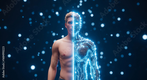 Futuristic man with half human and half digital body showing technology's impact on identity and the future