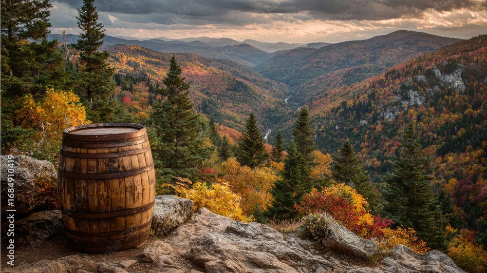 Fototapeta premium Autumn vista with wooden barrel