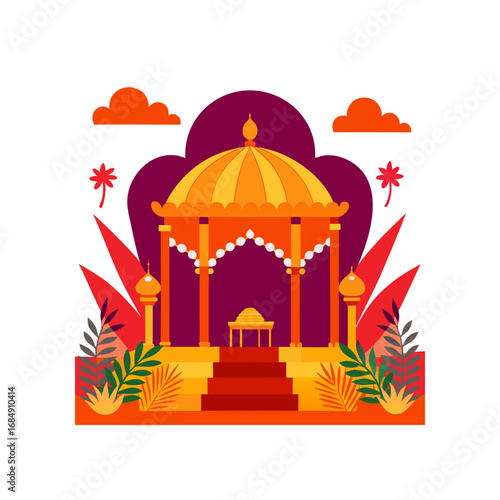an opulent indian wedding setup in a tropical gard