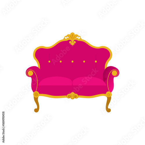 a plush  fuchsia pink velvet sofa with ornate gold