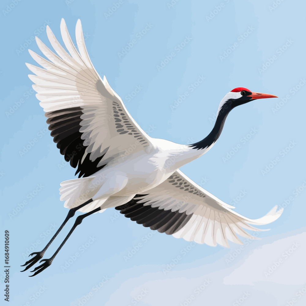 Fototapeta premium Graceful Crane in Flight Over Serene Sky