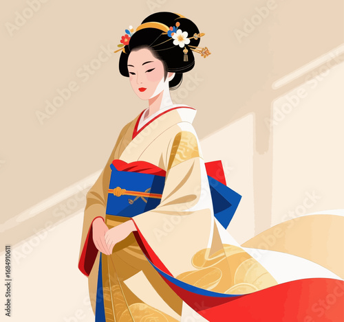 Graceful Geisha in Traditional Kimono at Sunset