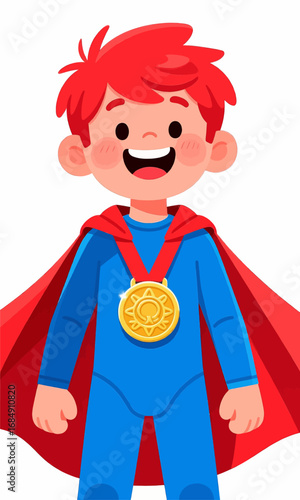 Happy Boy in Superhero Costume with Sun Medal