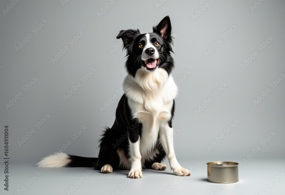 Fototapeta premium Border collie dog sitting and waiting for food, grey background.Border collie dog sitting and waiting for food