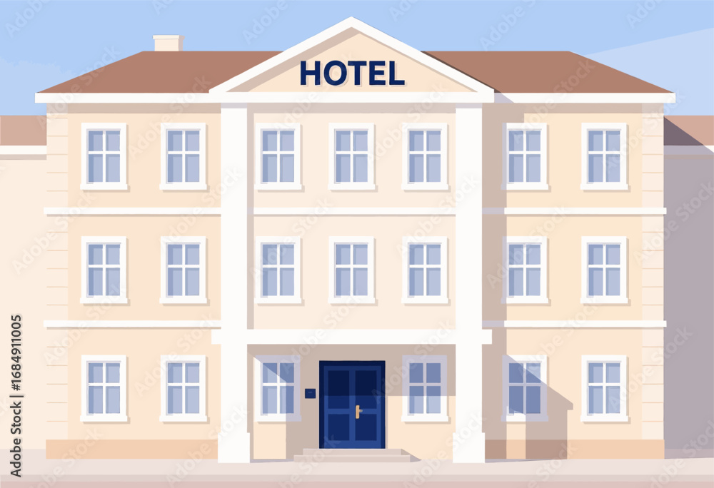 Fototapeta premium Illustrated Hotel Facade in Soft Pastels Under Clear Sky