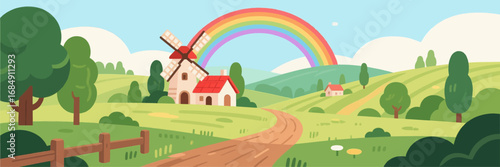 Lush Countryside Windmill with Rainbow and Rolling Hills