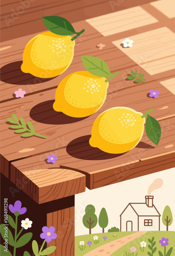 Lemons on Wooden Table with Countryside Home