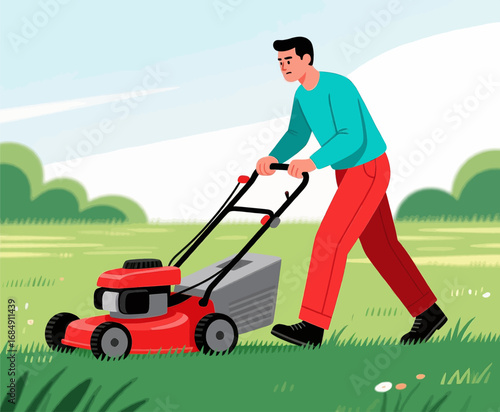 Man Mowing Green Lawn on Sunny Day