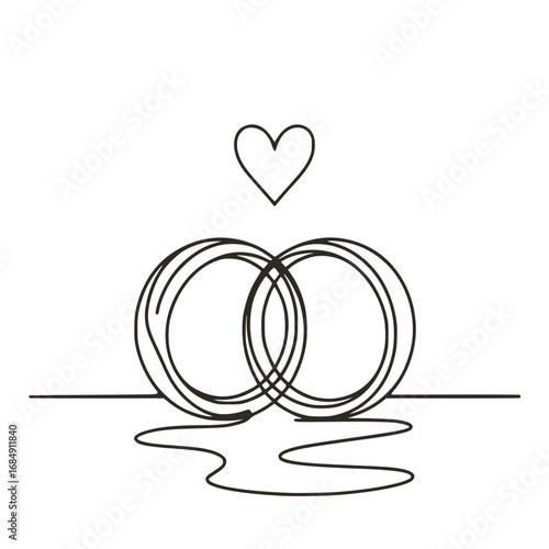 Wedding Rings Icon with Heart Symbol, Minimalist black line art of two interlocked wedding rings with a heart above, symbolizing love, marriage, and eternal commitment.

