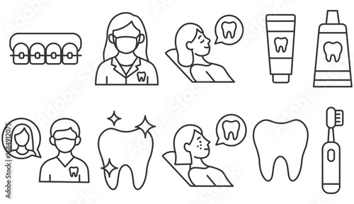 Dental vector set. Dentist, orthodontist, braces, patient, tooth, toothpaste, toothbrush, oral hygiene and stomatology icons in flat style for medical and healthcare design