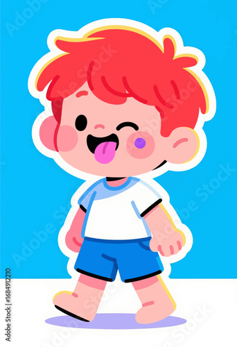 Playful Boy with Red Hair in Blue Shorts